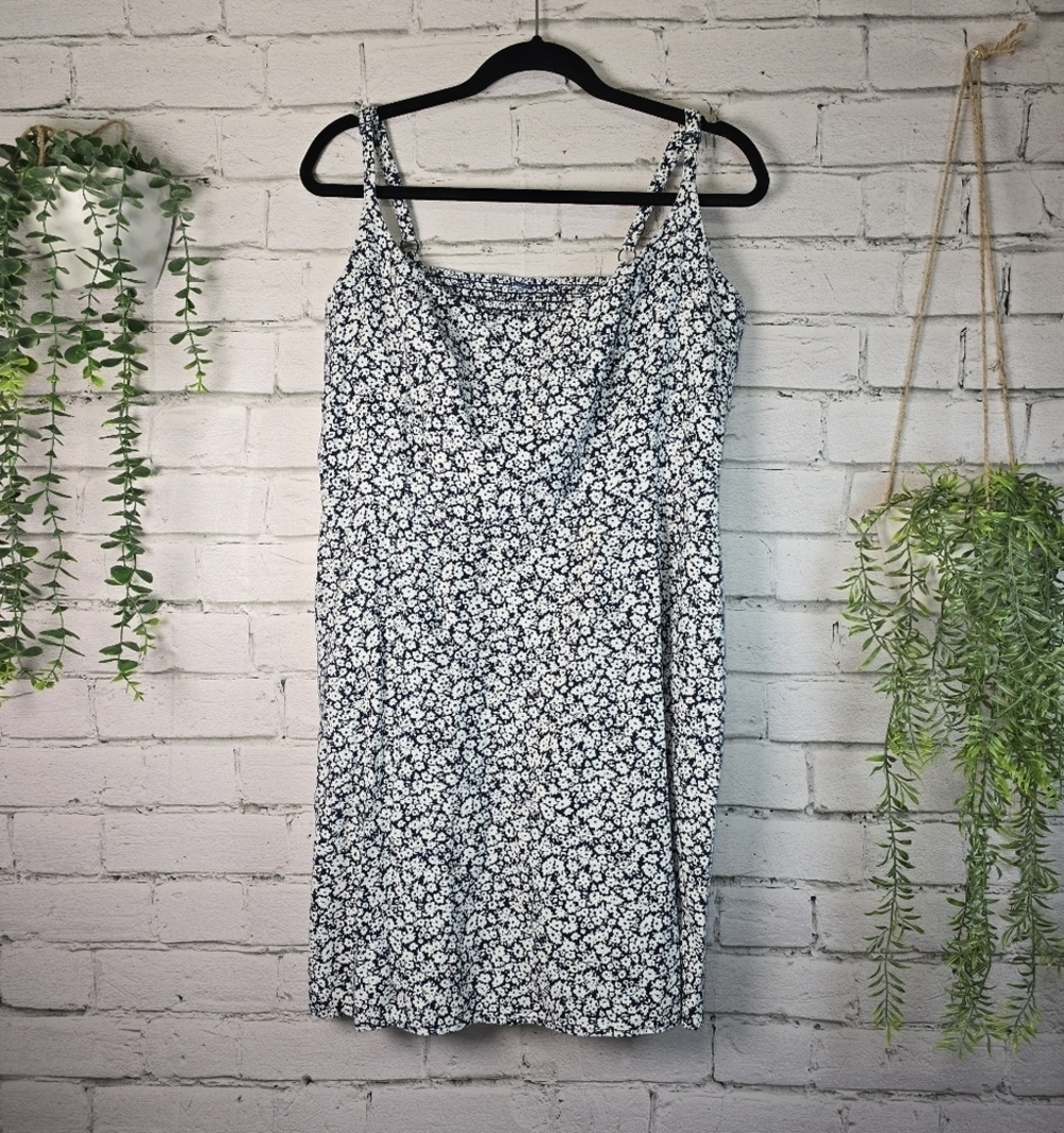 WOMENS BLACK WHITE LINEN BLEND PETITIE FLORAL PRINT SHIFT DRESS SMOCKED BACK LG